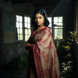 A striking scene featuring a young Indian woman, confidently posed, wearing a partially draped saree that flows elegantly over her shoulder, showcasing intricate patterns and vibrant colors