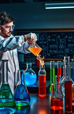 A visually stunning chemistry laboratory filled with colorful glassware and intriguing chemical reactions in progress