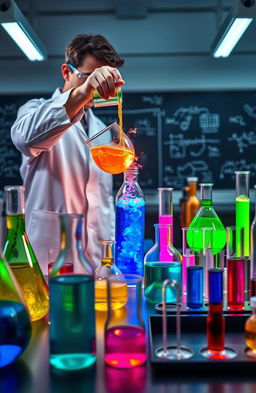 A visually stunning chemistry laboratory filled with colorful glassware and intriguing chemical reactions in progress