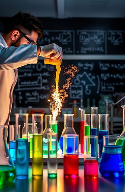 A visually stunning chemistry laboratory filled with colorful glassware and intriguing chemical reactions in progress