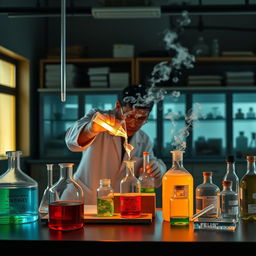 Sebuah laboratorium kimia yang menakjubkan, dipenuhi dengan gelas kimia berwarna-warni dan reaksi kimia menarik yang sedang berlangsung
