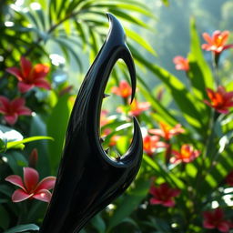 A fierce black fang, elegantly detailed and sharp, set against a vibrant jungle backdrop