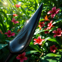 A fierce black fang, elegantly detailed and sharp, set against a vibrant jungle backdrop