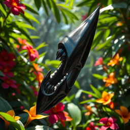 A fierce black fang, elegantly detailed and sharp, set against a vibrant jungle backdrop