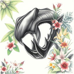 A detailed drawing of a fierce black fang, showcasing its sharpness and textures
