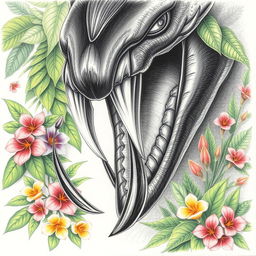 A detailed drawing of a fierce black fang, showcasing its sharpness and textures
