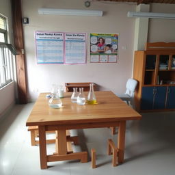 Sebuah lingkungan laboratorium kimia yang sederhana namun terorganisir, dengan meja kayu yang bersih dan beberapa alat dasar seperti gelas ukur dan tabung reaksi