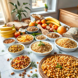 A beautifully arranged table featuring a variety of carbohydrate-rich foods, showcasing a balanced diet