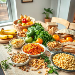A beautifully arranged table featuring a variety of carbohydrate-rich foods, showcasing a balanced diet