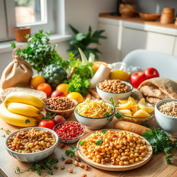 A beautifully arranged table featuring a variety of carbohydrate-rich foods, showcasing a balanced diet