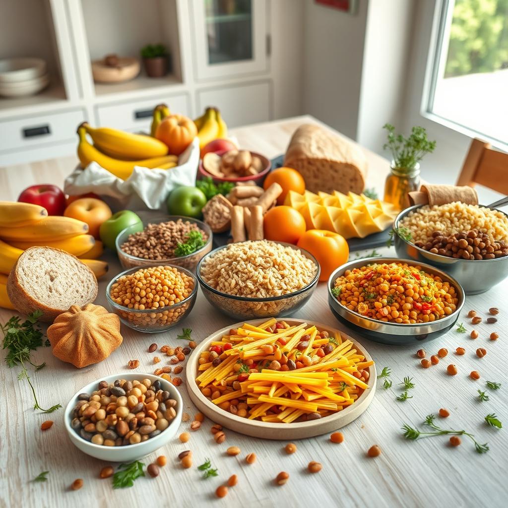 A beautifully arranged table featuring a variety of carbohydrate-rich foods, showcasing a balanced diet