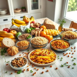 A beautifully arranged table featuring a variety of carbohydrate-rich foods, showcasing a balanced diet