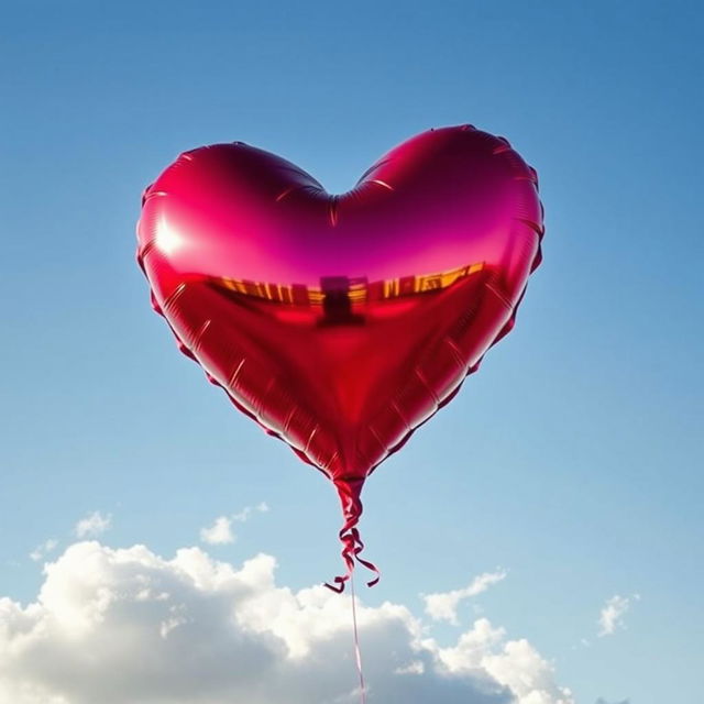 A vividly colorful, oversized balloon shaped like a heart, floating gracefully against a clear blue sky