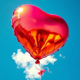 A vividly colorful, oversized balloon shaped like a heart, floating gracefully against a clear blue sky