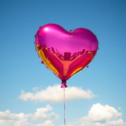 A vividly colorful, oversized balloon shaped like a heart, floating gracefully against a clear blue sky