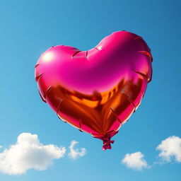 A vividly colorful, oversized balloon shaped like a heart, floating gracefully against a clear blue sky
