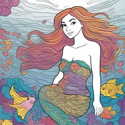 A vivid, cartoon mermaid elegantly swimming underwater, wearing an exquisite top