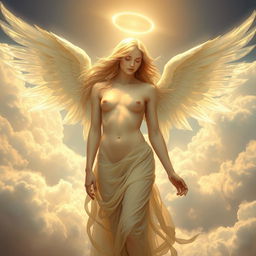 A serene and ethereal depiction of a naked angel, featuring delicate and intricate wings shimmering with a soft glow