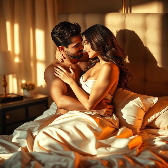 A passionate and intimate scene depicting a romantic couple in a softly lit, luxurious bedroom