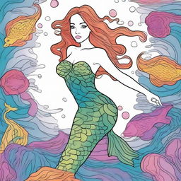 A vivid, cartoon mermaid elegantly swimming underwater, wearing an exquisite top