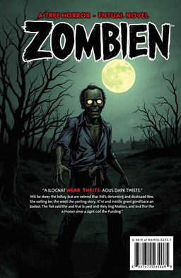 A back cover design for a horror-themed graphic novel featuring a menacing zombie in a desolate landscape