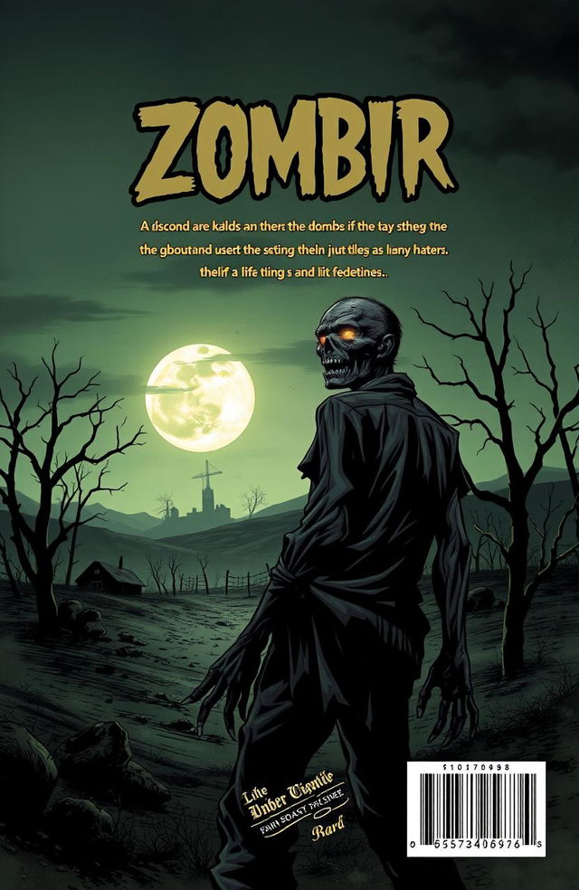 A back cover design for a horror-themed graphic novel featuring a menacing zombie in a desolate landscape