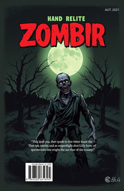 A back cover design for a horror-themed graphic novel featuring a menacing zombie in a desolate landscape