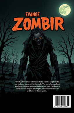 A back cover design for a horror-themed graphic novel featuring a menacing zombie in a desolate landscape