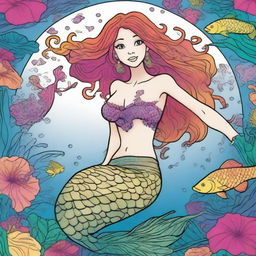 A vivid, cartoon mermaid elegantly swimming underwater, wearing an exquisite top