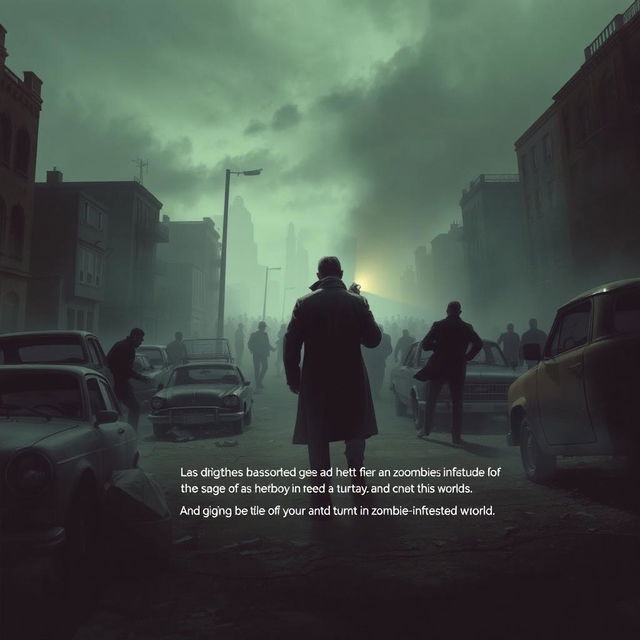 A serious and dark scene depicting a detective investigating in a post-apocalyptic city overrun by zombies