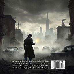 A serious and dark scene depicting a detective investigating in a post-apocalyptic city overrun by zombies