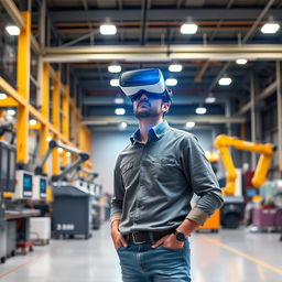 A man standing confidently in a large, modern factory filled with advanced machinery and equipment