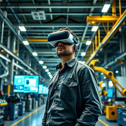 A man standing confidently in a large, modern factory filled with advanced machinery and equipment