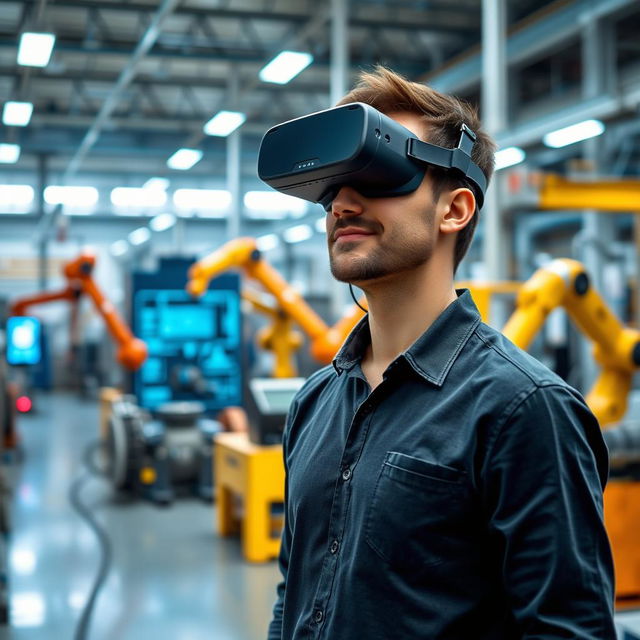 A man standing confidently in a large, modern factory filled with advanced machinery and equipment