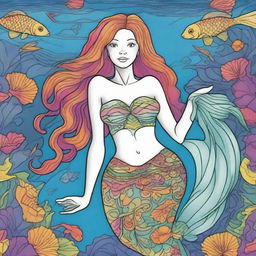 A vivid, cartoon mermaid elegantly swimming underwater, wearing an exquisite top