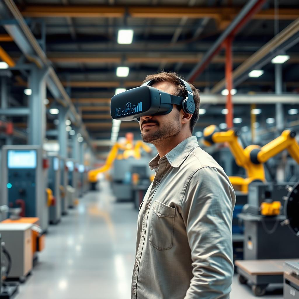 A man standing confidently in a large, modern factory filled with advanced machinery and equipment