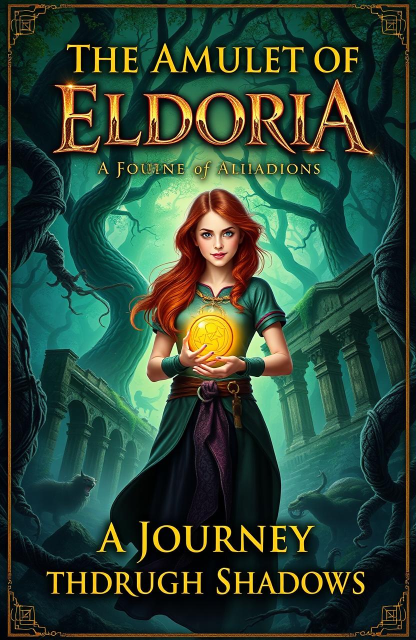 A stunning book cover for 'The Amulet of Eldoria: A Journey Through Shadows'