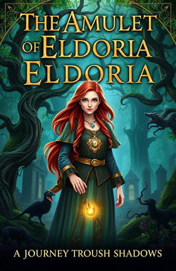 A stunning book cover for 'The Amulet of Eldoria: A Journey Through Shadows'