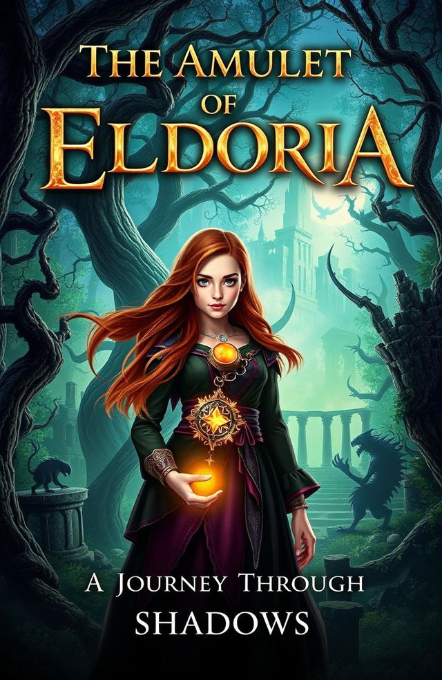 A stunning book cover for 'The Amulet of Eldoria: A Journey Through Shadows'