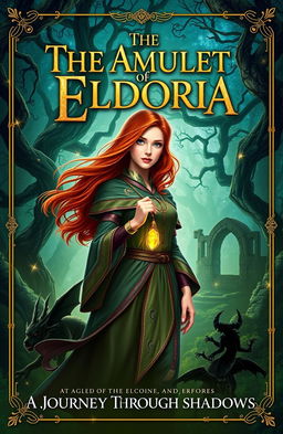 A stunning book cover for 'The Amulet of Eldoria: A Journey Through Shadows'