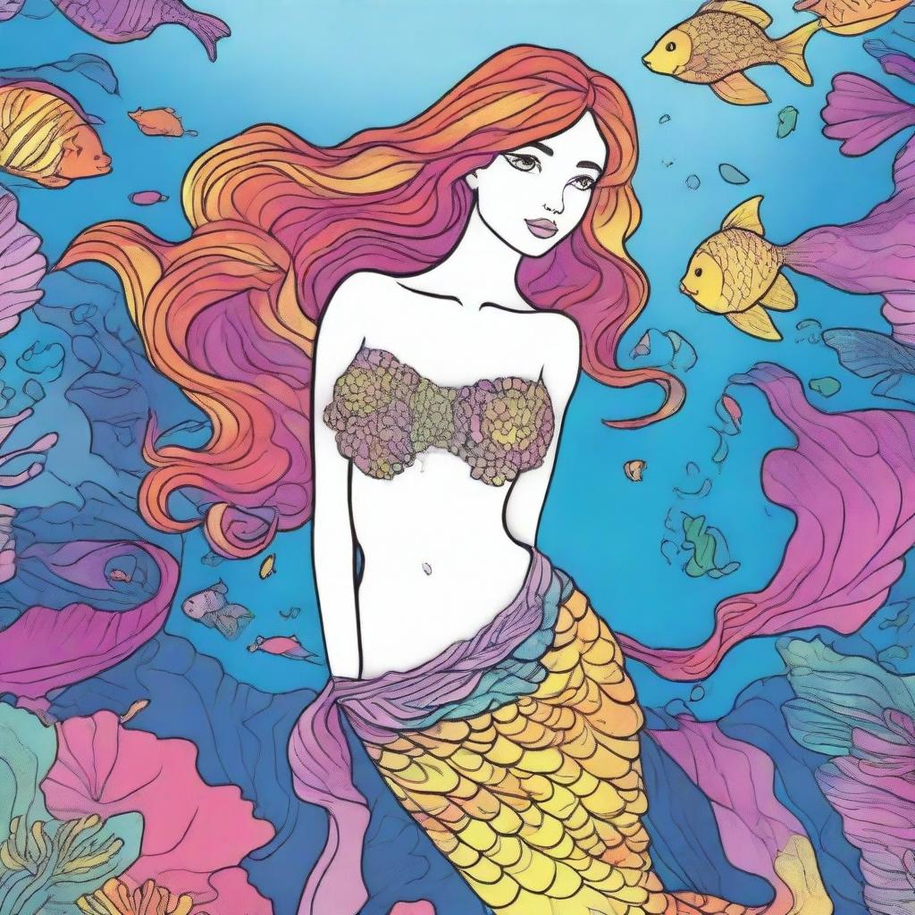 A vibrant cartoon-style mermaid gracefully swimming under the sea, adorned with a stunning top