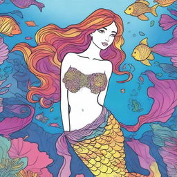 A vibrant cartoon-style mermaid gracefully swimming under the sea, adorned with a stunning top