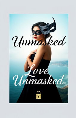 A stunning book cover design for "Love Unmasked" featuring a beautiful masked woman named Kaira standing gracefully in front of a scenic coastline that embodies the coastal city of Mangalore