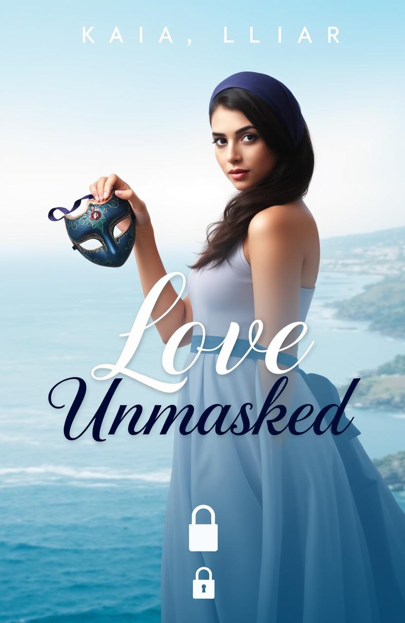 A stunning book cover design for "Love Unmasked" featuring a beautiful masked woman named Kaira standing gracefully in front of a scenic coastline that embodies the coastal city of Mangalore