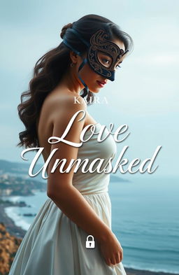A stunning book cover design for "Love Unmasked" featuring a beautiful masked woman named Kaira standing gracefully in front of a scenic coastline that embodies the coastal city of Mangalore