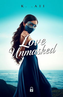 A stunning book cover design for "Love Unmasked" featuring a beautiful masked woman named Kaira standing gracefully in front of a scenic coastline that embodies the coastal city of Mangalore