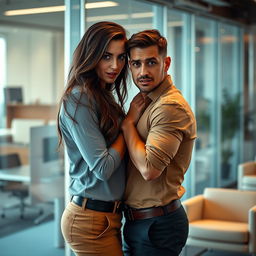 A captivating scene of an adult woman nudging towards a male coworker in an office setting, her pose exuding confidence and allure