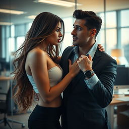 A captivating scene of an adult woman nudging towards a male coworker in an office setting, her pose exuding confidence and allure