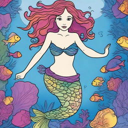 A vibrant cartoon-style mermaid gracefully swimming under the sea, adorned with a stunning top