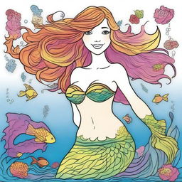 A vibrant cartoon-style mermaid gracefully swimming under the sea, adorned with a stunning top